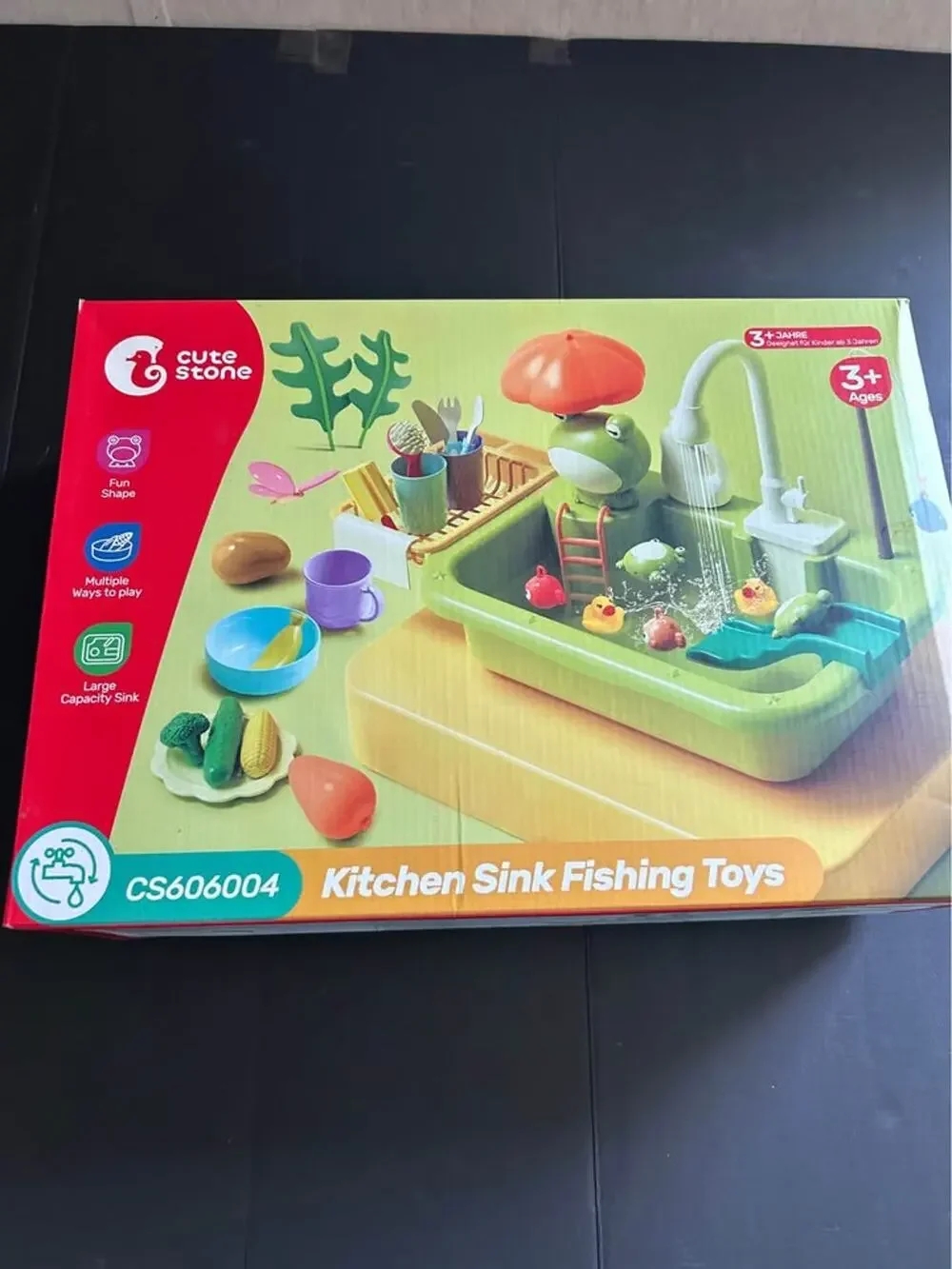 Cute Stone Play Kitchen Sink Toy w/ Running Water Faucet & Fishing Accessories